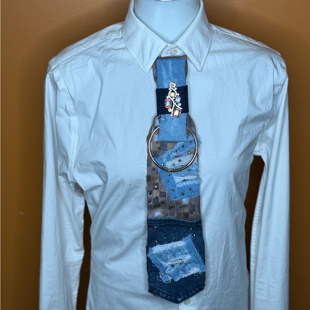 Patchwork Denim And Brown Junk Tie - image 5